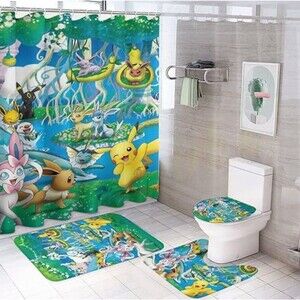 UIODXCN 4Pc Pokemon Bath Set Shower Curtain Non Slip Contour Mat Toilet Lid